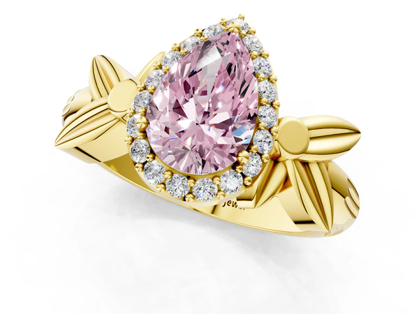 Yellow gold Fancy Pink Pear  Halo Diamond Floral Band with Four-Prong Setting