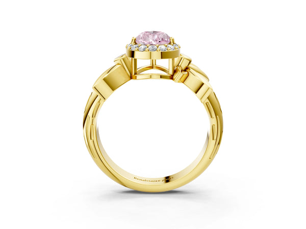 Yellow gold Fancy Pink Pear  Halo Diamond Floral Band with Four-Prong Setting