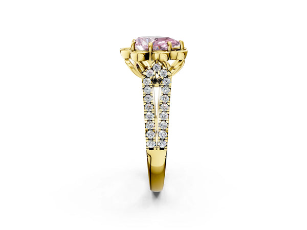 Yellow Gold Pear-Shaped Floral Halo Split Shank Engagement Ring Setting for Fancy Pink Center