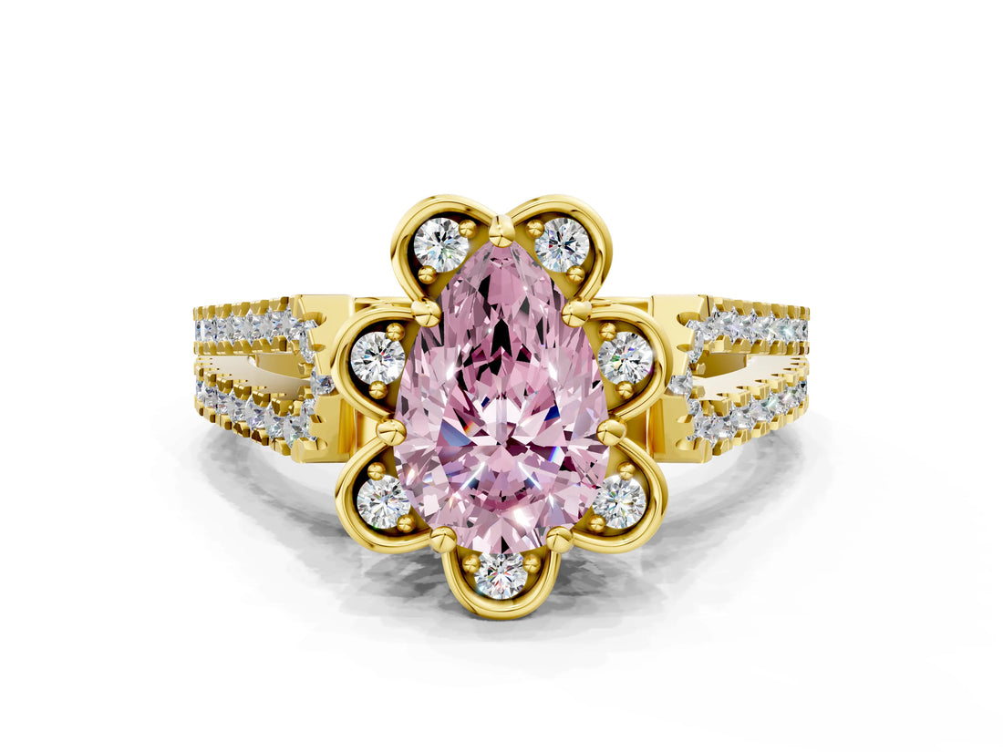 Yellow gold Fancy Pink Pear  Halo Diamond Floral Split Shank Engagement Ring