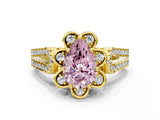 Yellow gold Fancy Pink Pear  Halo Diamond Floral Split Shank Engagement Ring