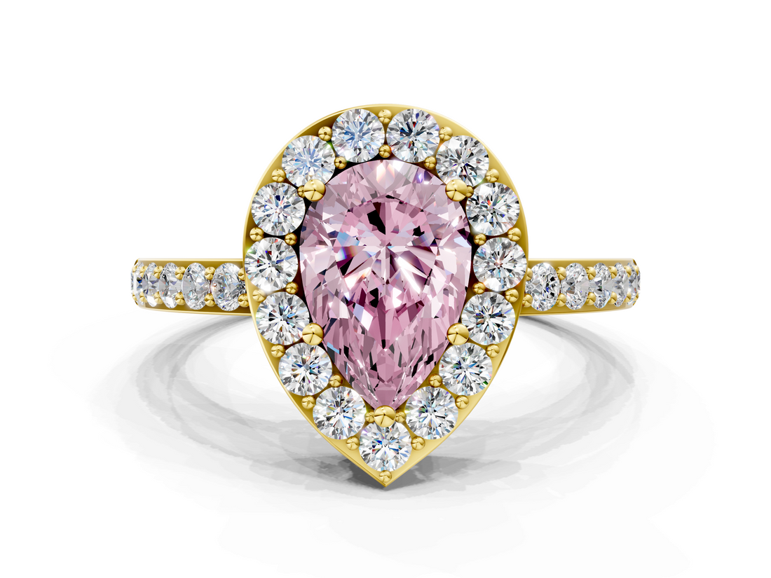 Yellow gold Fancy Pink Pear  Halo Diamond Pavé Band Ring with Prong Setting_20