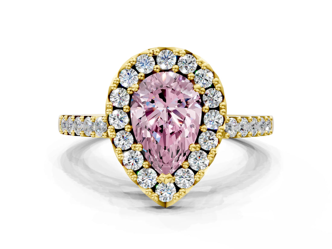 Yellow gold Fancy Pink Pear  Halo Diamond Pavé Solitaire Ring_45