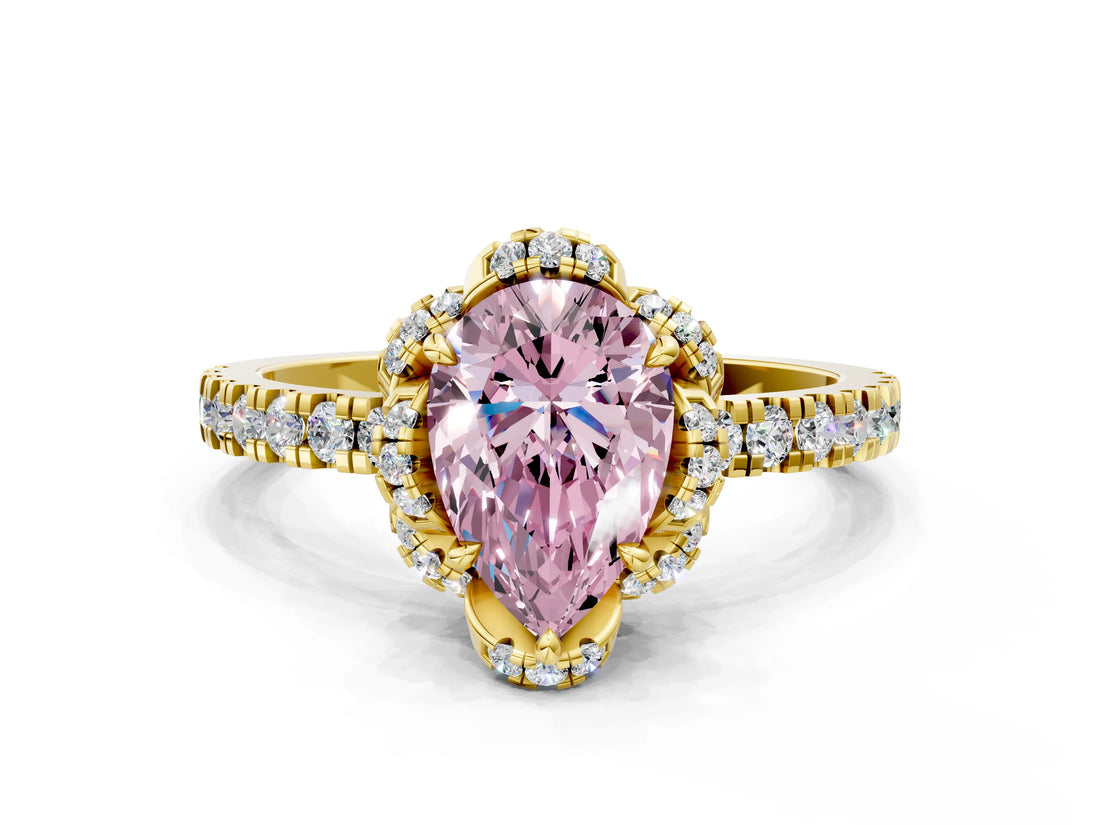 Yellow gold Fancy Pink Pear  Halo Diamond Pave Band Ring with Four-Prong Setting_15