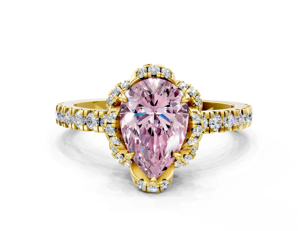 Yellow gold Fancy Pink Pear  Halo Diamond Pave Band Ring with Four-Prong Setting