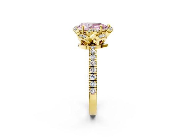 Yellow gold Fancy Pink Pear  Halo Diamond Pave Band Ring with Four-Prong Setting