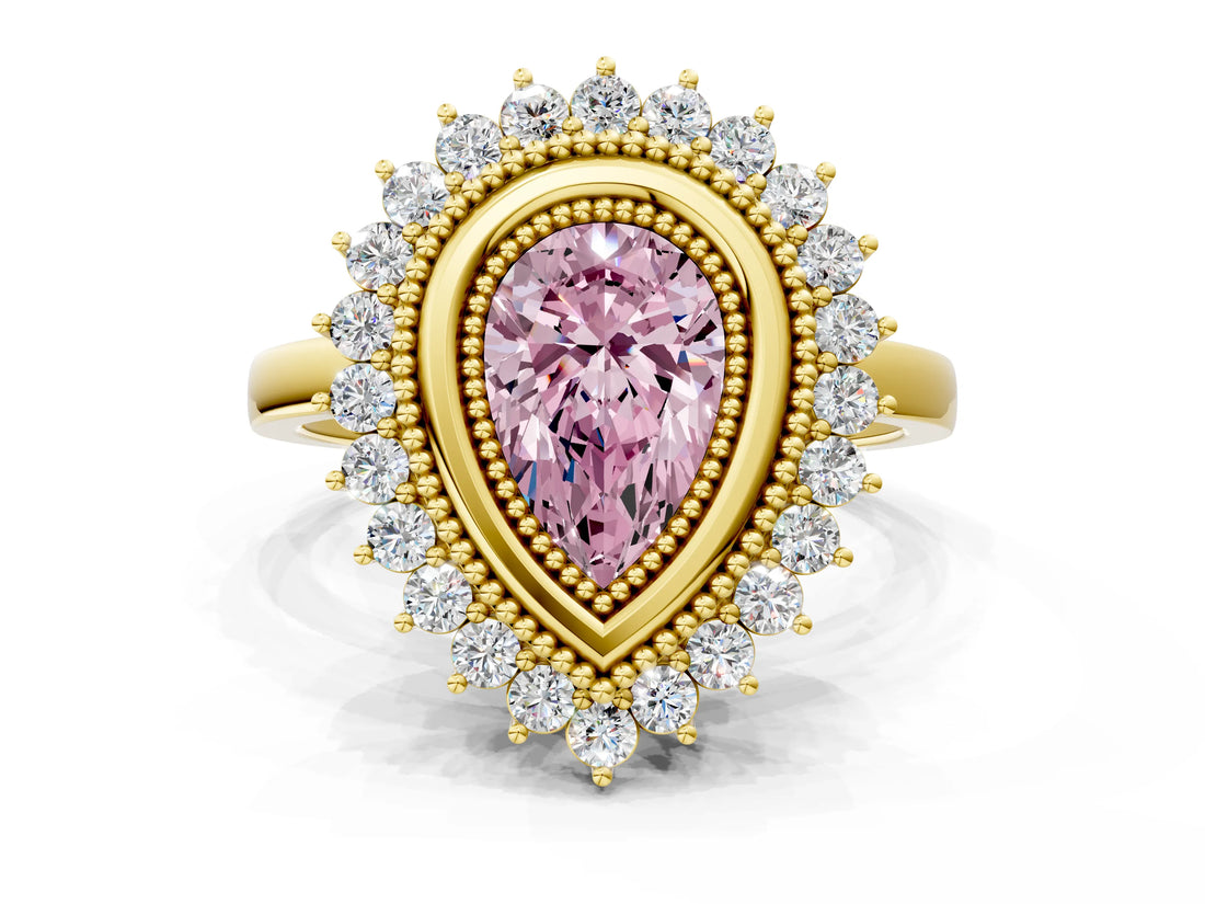 Yellow gold Fancy Pink Pear  Halo Diamond Ring with Milgrain Edge and Round Prong Setting_26