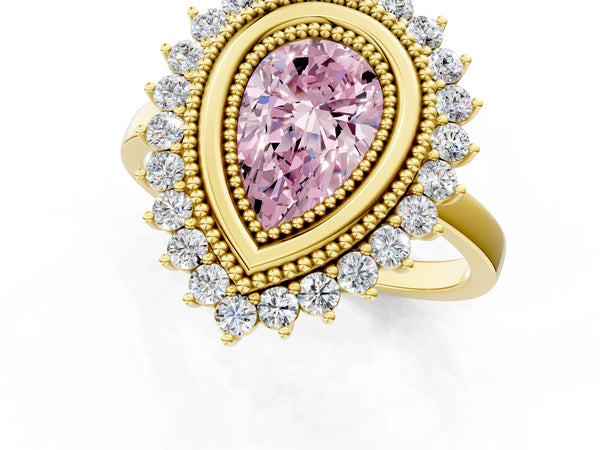 Yellow gold Fancy Pink Pear  Halo Diamond Ring with Milgrain Edge and Round Prong Setting