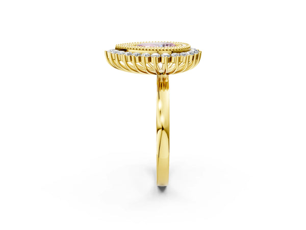Yellow gold Fancy Pink Pear  Halo Diamond Ring with Milgrain Edge and Round Prong Setting