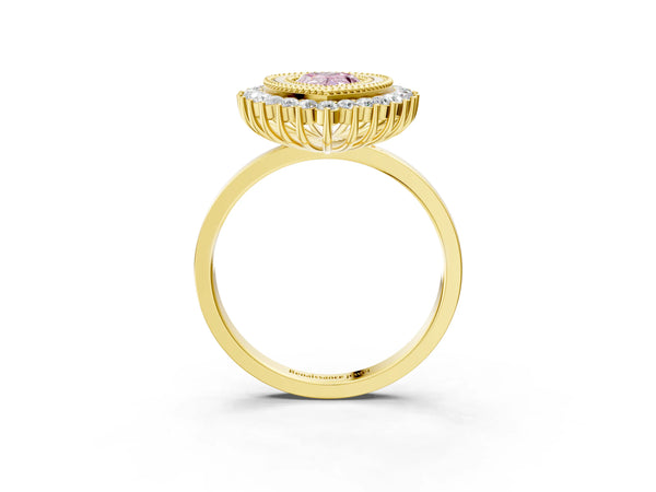 Yellow gold Fancy Pink Pear  Halo Diamond Ring with Milgrain Edge and Round Prong Setting