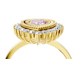 Yellow gold Fancy Pink Pear  Halo Diamond Ring with Milgrain Edge and Round Prong Setting_30