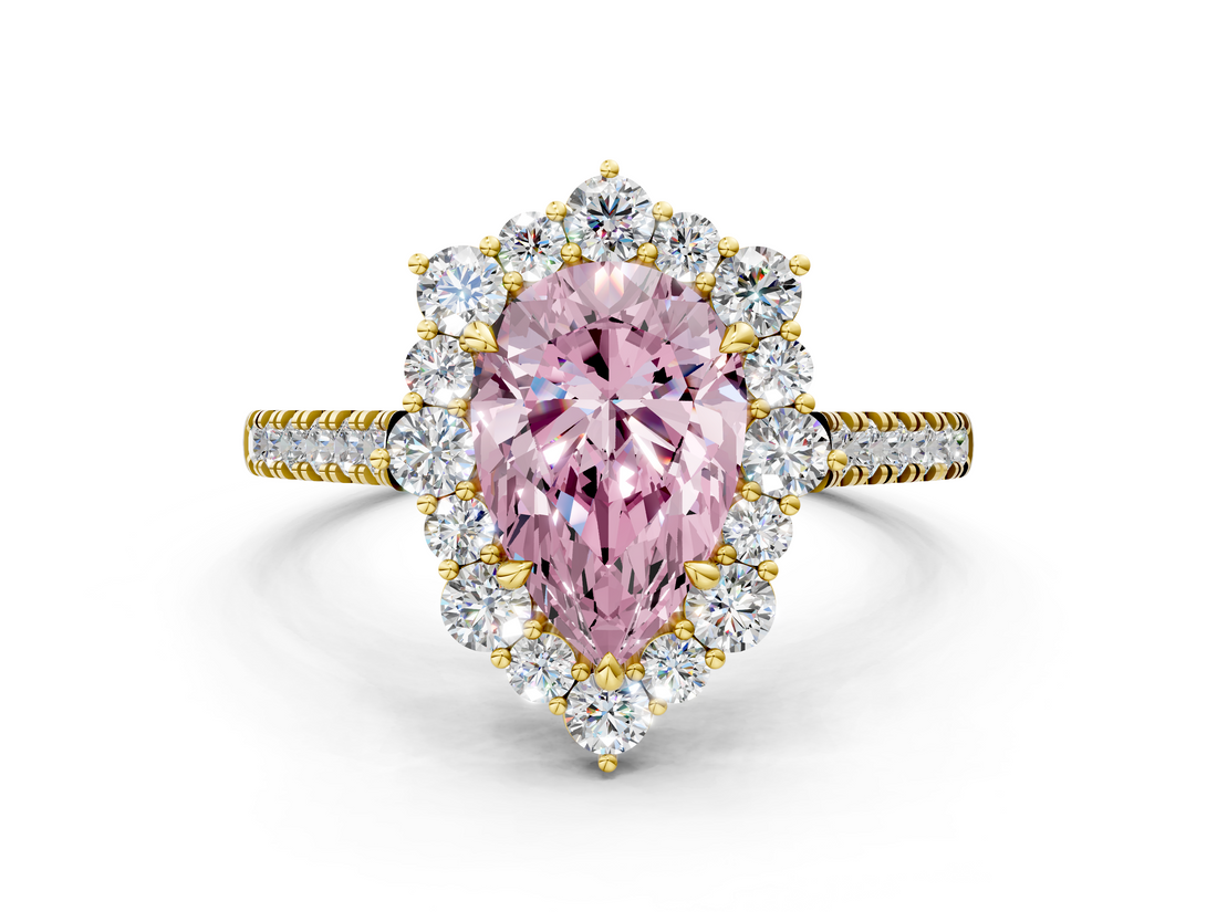 Yellow gold Fancy Pink Pear  Halo Diamond Ring with Pavé Band and Prong Setting_19