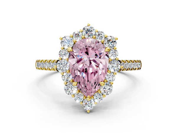 Yellow gold Fancy Pink Pear  Halo Diamond Ring with Pavé Band and Prong Setting