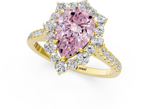 Yellow gold Fancy Pink Pear  Halo Diamond Ring with Pavé Band and Prong Setting