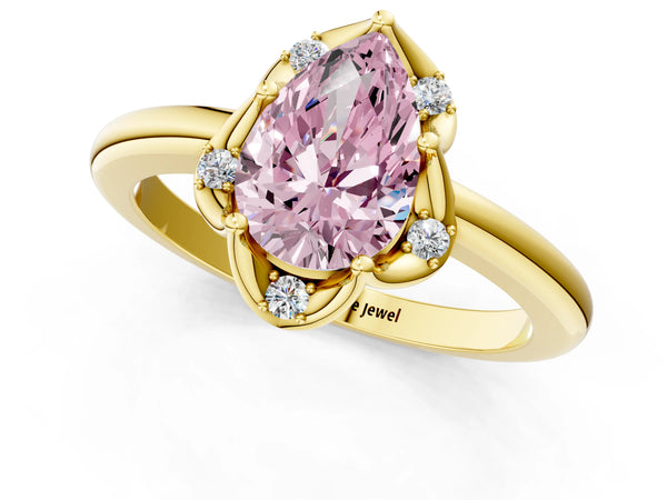 Yellow gold Fancy Pink Pear  Halo Diamond Ring with Round Cluster Setting, Solitaire Band, and Four-Prong Setting