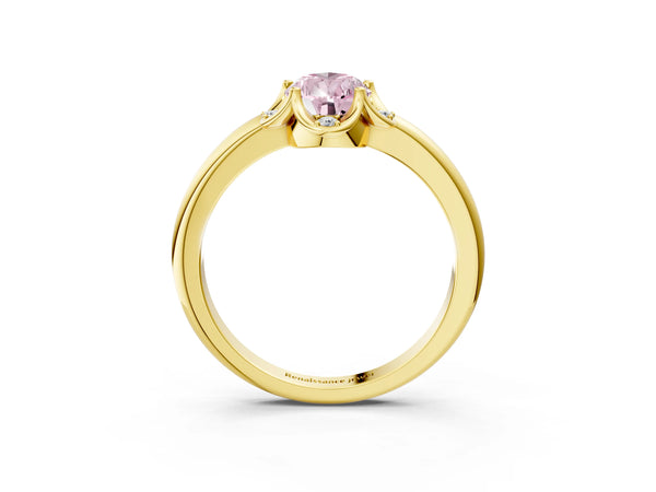 Yellow gold Fancy Pink Pear  Halo Diamond Ring with Round Cluster Setting, Solitaire Band, and Four-Prong Setting