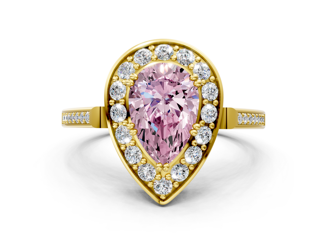 Yellow gold Fancy Pink Pear  Halo Diamond Ring with Split Shank and Four-Prong Setting_62