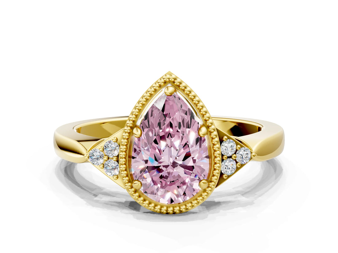 Yellow gold Fancy Pink Pear  Halo Diamond Ring with Tapered Band and Four-Prong Setting_7