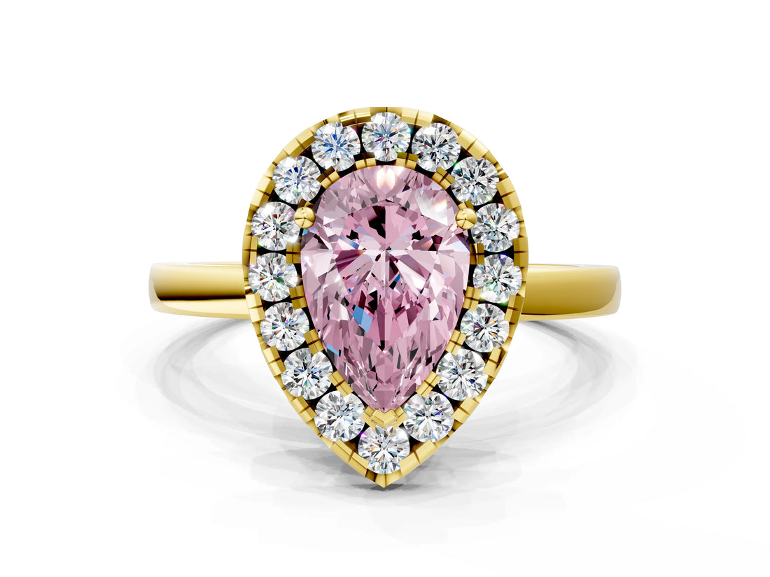 Yellow gold Fancy Pink Pear  Halo Diamond Solitaire with Pavé Band and Four-Prong Setting_72