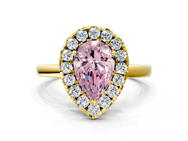 Yellow gold Fancy Pink Pear  Halo Diamond Solitaire with Pavé Band and Four-Prong Setting