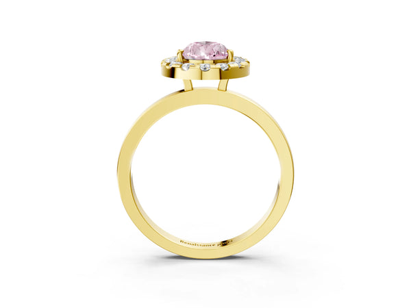 Yellow gold Fancy Pink Pear  Halo Diamond Solitaire with Pavé Band and Four-Prong Setting