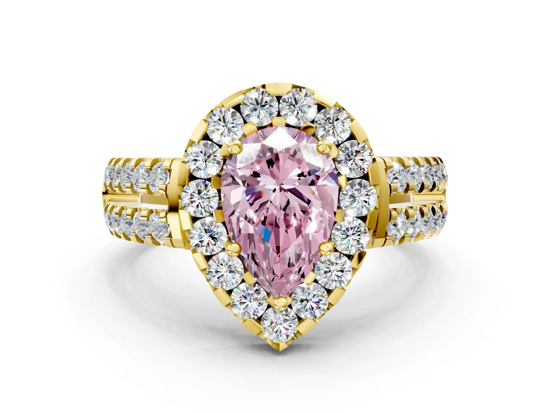 Yellow gold Fancy Pink Pear  Halo Diamond Split Shank Engagement Ring with Prong Setting_111