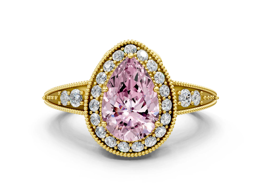 Yellow gold Fancy Pink Pear  Halo Diamond Split Shank Ring with Milgrain Detail_48