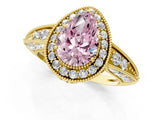 Yellow gold Fancy Pink Pear  Halo Diamond Split Shank Ring with Milgrain Detail_49