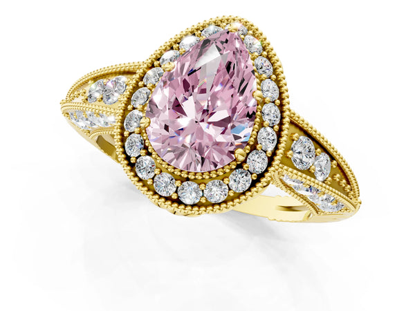 Yellow Gold Pear-Shaped Vintage Halo Engagement Ring Setting for Fancy Pink Center with Milgrain