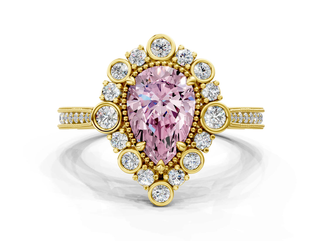 Yellow gold Fancy Pink Pear  Halo Milgrain Pave Diamond Ring with Four-Prong Setting 1