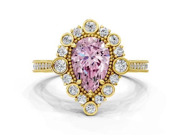 Yellow gold Fancy Pink Pear  Halo Milgrain Pave Diamond Ring with Four-Prong Setting