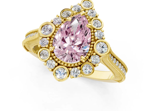 Yellow gold Fancy Pink Pear  Halo Milgrain Pave Diamond Ring with Four-Prong Setting
