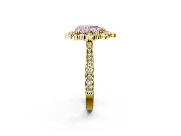 Yellow gold Fancy Pink Pear  Halo Milgrain Pave Diamond Ring with Four-Prong Setting