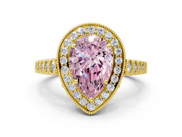 Yellow Gold Pear-Shaped Graduated Milgrain Halo Engagement Ring Setting for Fancy Pink Center