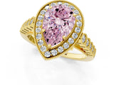 Yellow gold Fancy Pink Pear  Halo Milgrain Solitaire with Bezel Set Side Stones and Pave Band_34