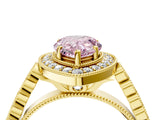 Yellow gold Fancy Pink Pear  Halo Milgrain Solitaire with Bezel Set Side Stones and Pave Band_37