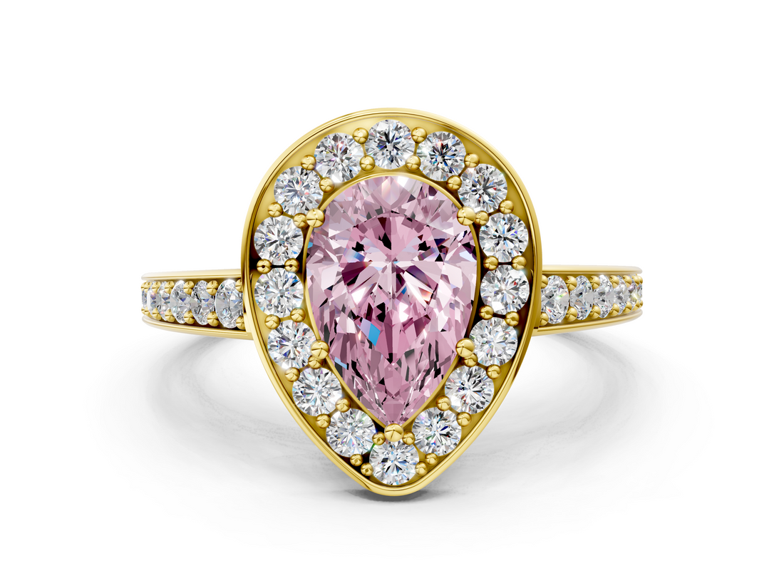 Yellow gold Fancy Pink Pear  Halo Pavé Diamond Engagement Ring with Bezel Setting_19