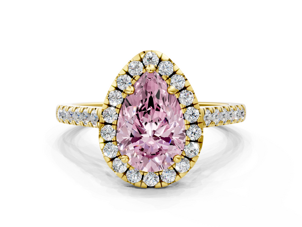 Yellow gold Fancy Pink Pear  Halo Pavé Diamond Engagement Ring with Four-Prong Setting