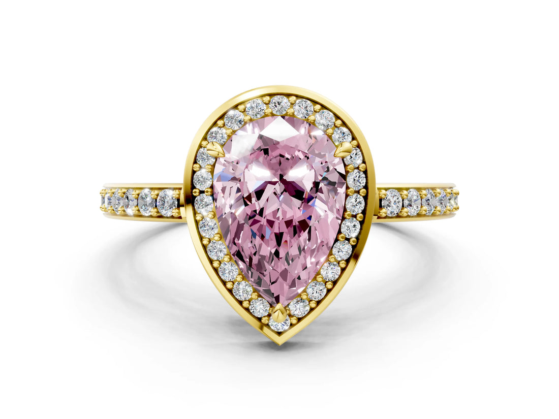 Yellow gold Fancy Pink Pear  Halo Pave Band Solitaire Ring with Prong Setting_66