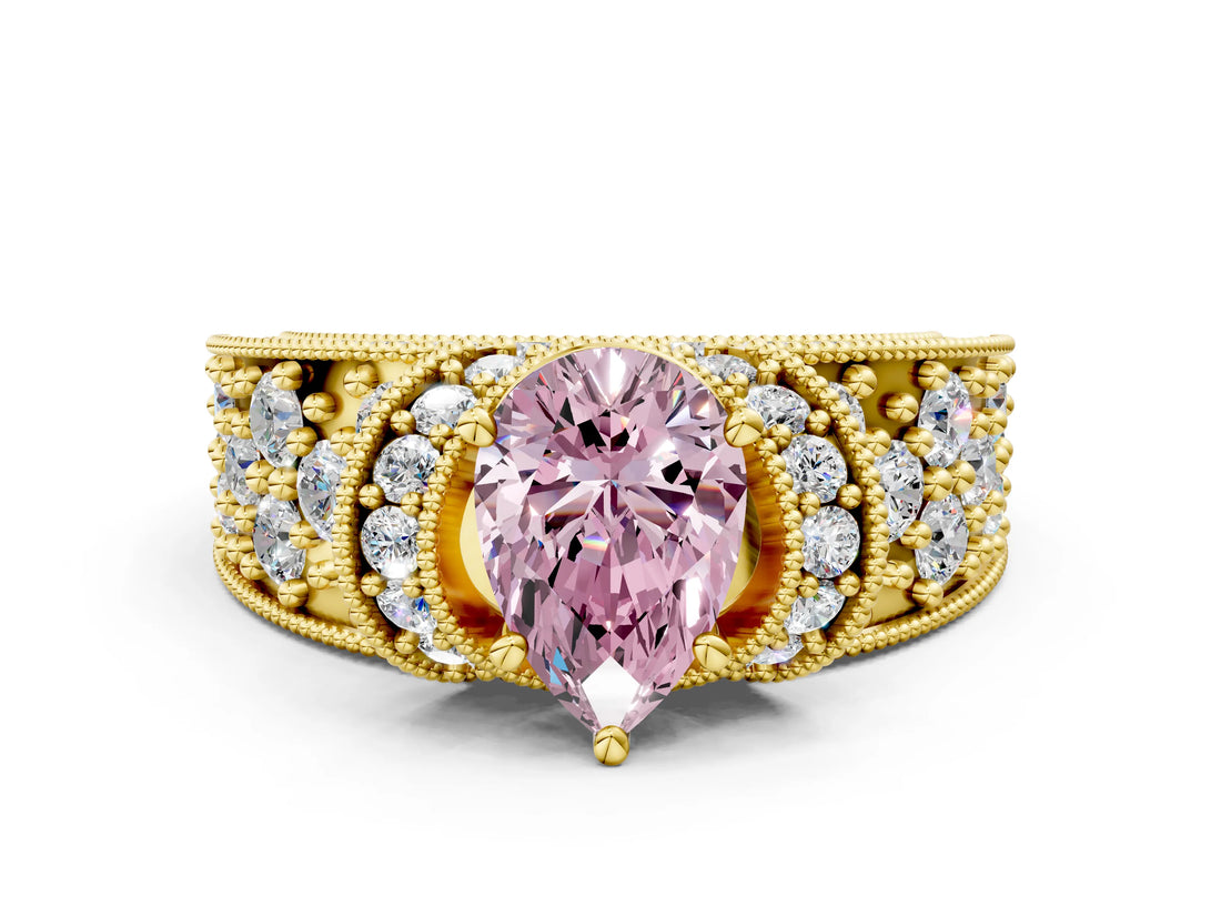 Yellow gold Fancy Pink Pear  Halo Pave Diamond Engagement Ring with Milgrain Detailing_49