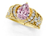 Yellow gold Fancy Pink Pear  Halo Pave Diamond Engagement Ring with Milgrain Detailing_50