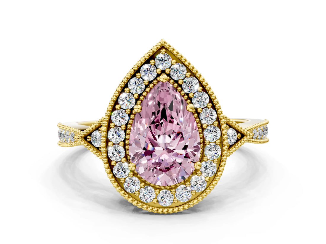 Yellow gold Fancy Pink Pear  Halo Round Diamond Milgrain Pave Engagement Ring_3