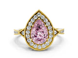 Yellow gold Fancy Pink Pear  Halo Round Diamond Milgrain Pave Engagement Ring_3