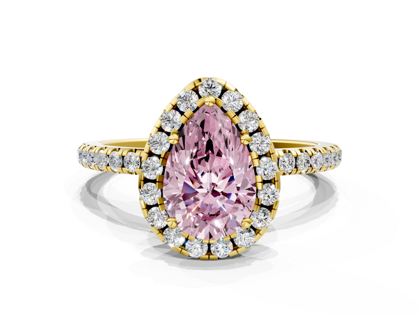 Yellow gold Fancy Pink Pear  Halo Round Diamond Pavé Band Four-Prong Ring