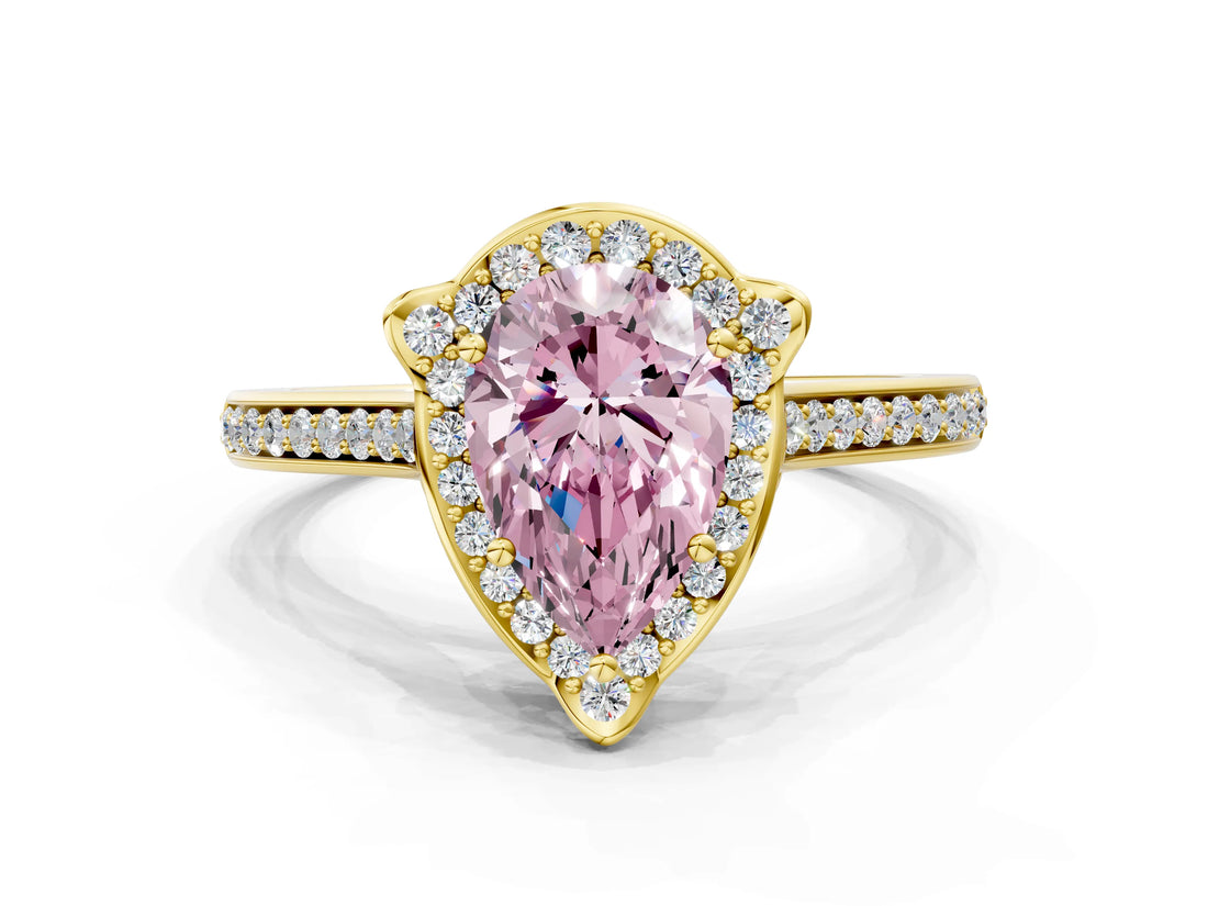 Yellow gold Fancy Pink Pear  Halo Round Diamond Pave Band with Four-Prong Setting_38