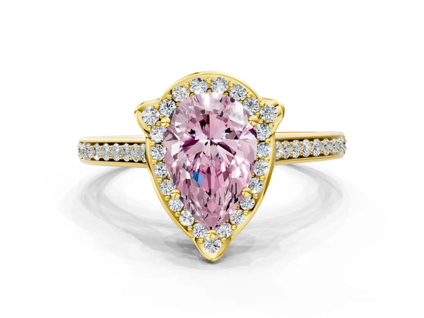 Yellow Gold Pear-Shaped Petal-Tip Halo Pave Engagement Ring Setting for Fancy Pink Center