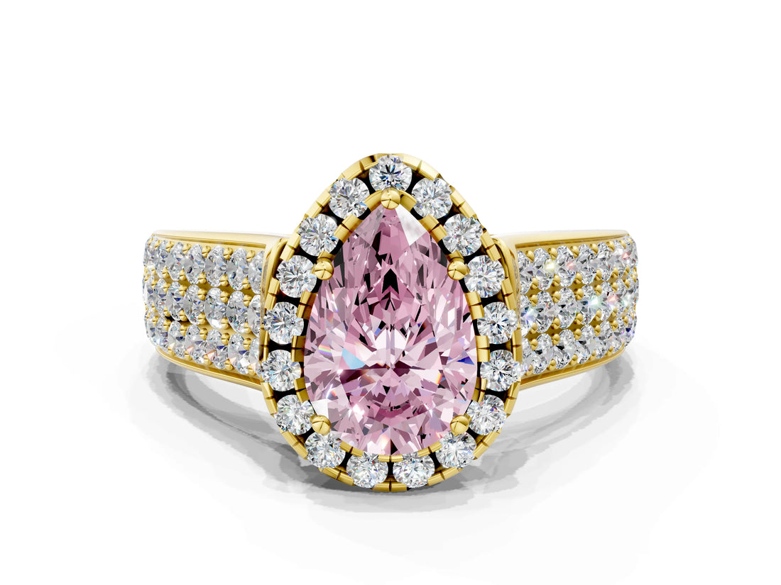 Yellow gold Fancy Pink Pear  Halo Round Diamond Pave Band with Prong Setting 1