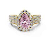 Yellow gold Fancy Pink Pear  Halo Round Diamond Pave Band with Prong Setting 1