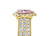 Yellow gold Fancy Pink Pear  Halo Round Diamond Pave Band with Prong Setting