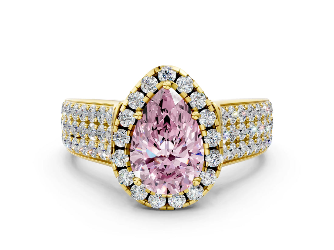Yellow gold Fancy Pink Pear  Halo Round Diamond Pave Band with Prong Setting_12